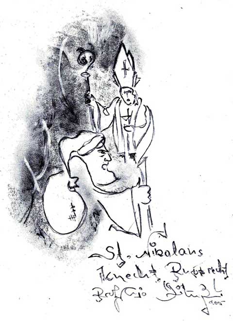Zeichnung vom St. Nikolaus und Knecht Ruprecht, Schwarz-weiss