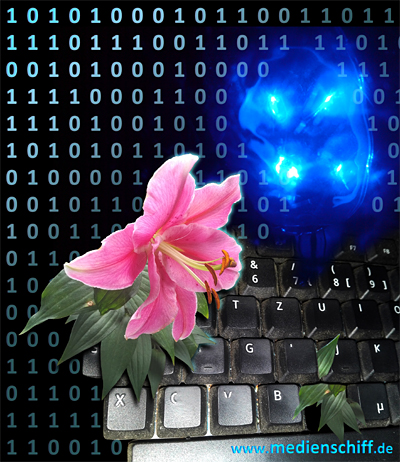 Alte Tastatur, aus der eine große Blume und Blätter wachsen. Dahinter Computergehirn, in Form von vielen 0 und 1 plus blaues Leuchtobjekt.